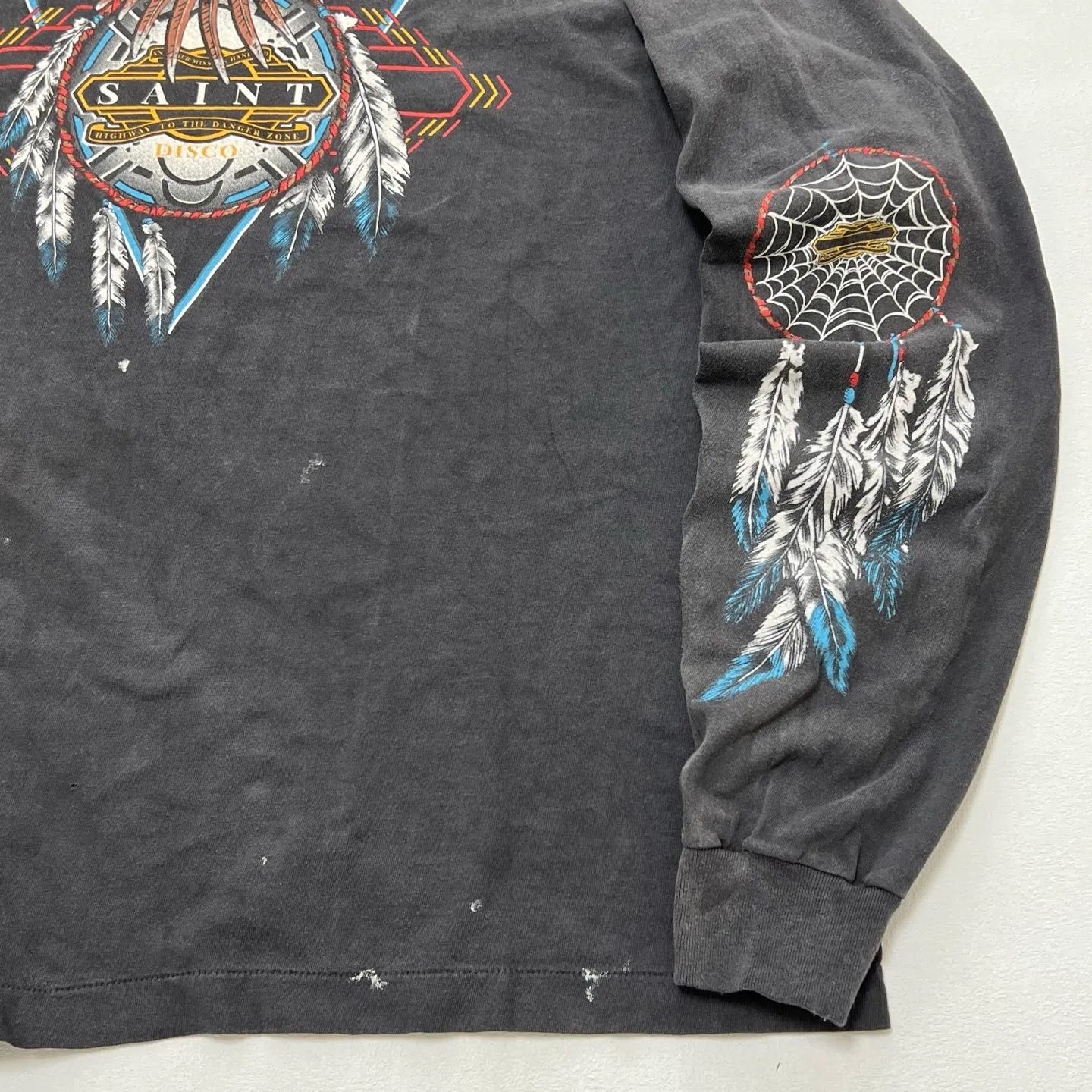 SAINT Mxxxxxx x TEFLON DISCO SAINT DISCO ML_LS TEE/BLK Eagle Feather Spider Web Distressed Long Sleeve S-XL Ready-to-wear Assute dyeing, water spray fading treatment, customized TEFLON DISCO co-branded accessories, hand-splashed ink, wormhole fraying treatment, genuine level printing process